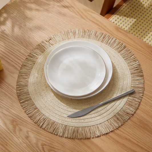 Set of 4 Beige Woven Placemats – Natural Straw Detail